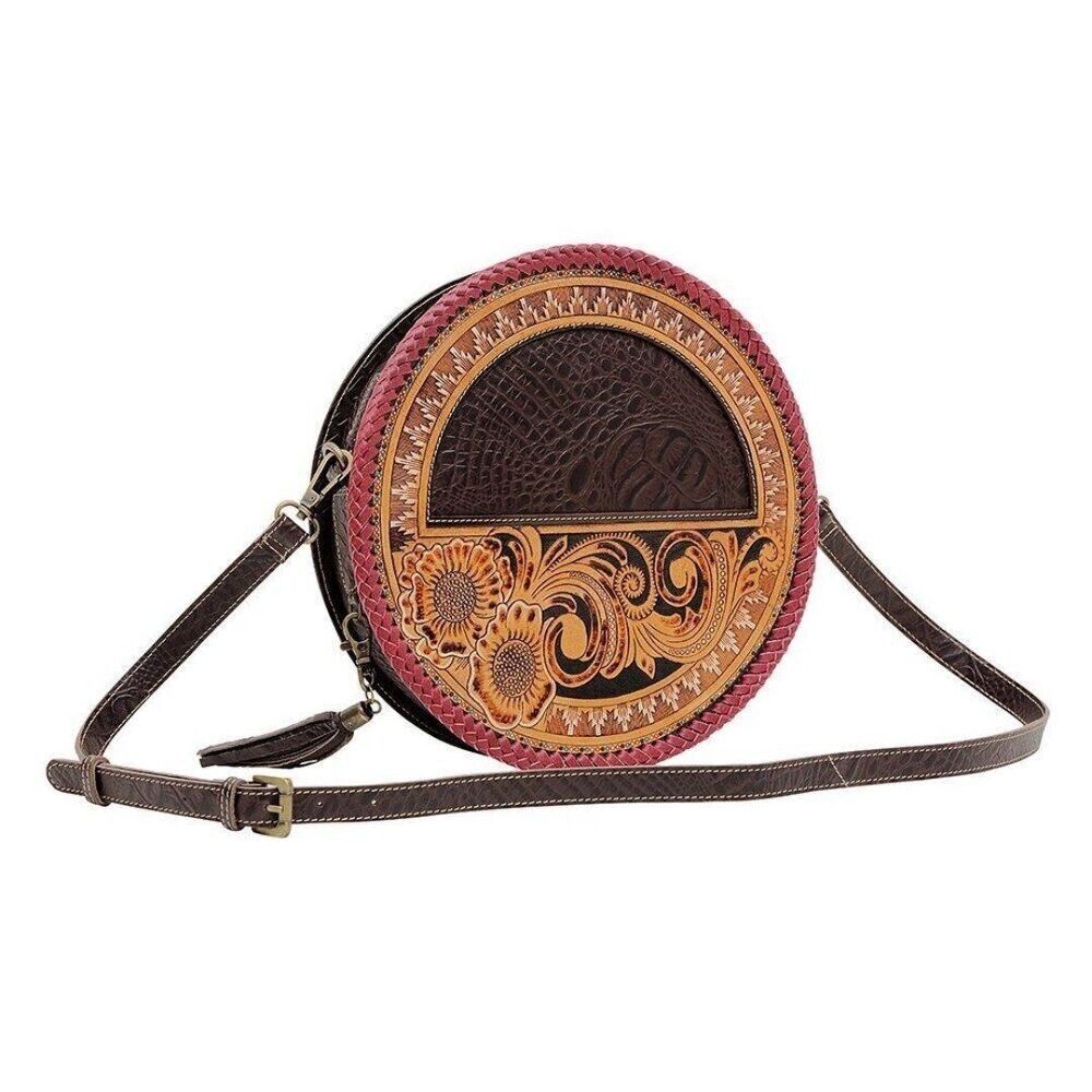 Myra Bag Handmade Coffee Round Bag Upcycled Canvas & Cowhide Leather - Picture 2 of 7